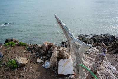 High angle view of driftwood on beach