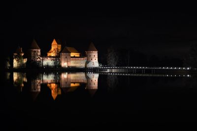 Reflection of illuminated buildings in lake at night