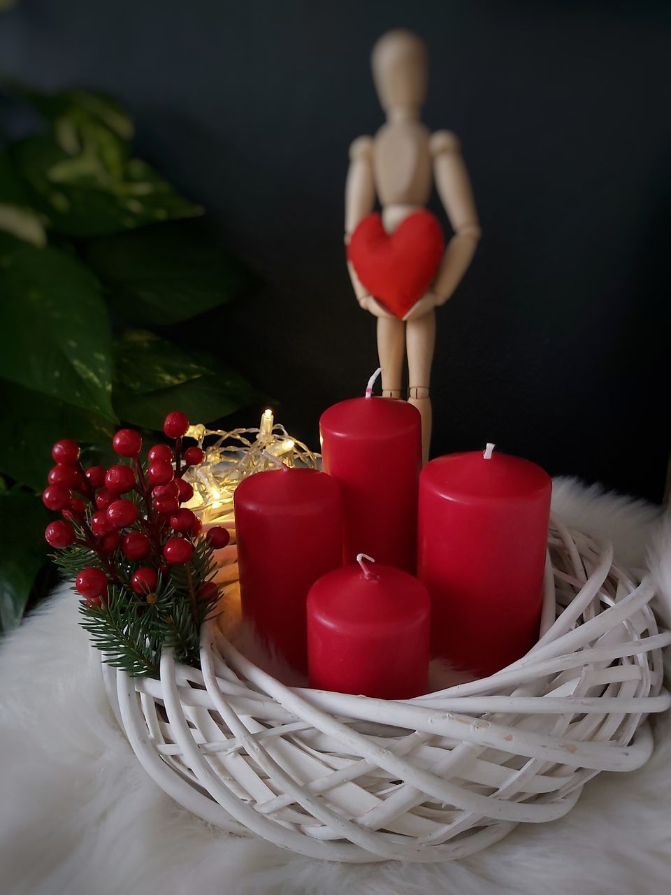 red, candle, indoors, container, decoration, no people, table, still life, freshness, fire, flame, burning, celebration, food and drink, human representation, nature, close-up, flower, representation, plant, christmas ornament, tea light