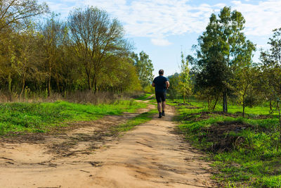 Rear view of man walking on grass