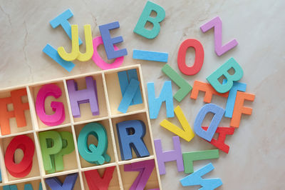 High angle view of toys on table