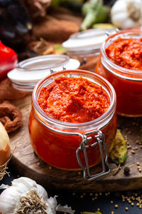 Close-up of juice in jar on table