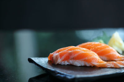 Close-up of sushi served in plate