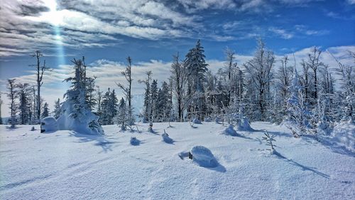 Snow covered landscape against sky