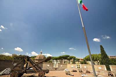 Low angle view of flags against sky