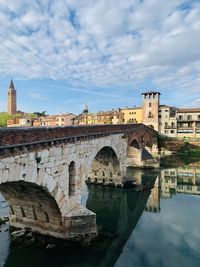 Bridge over river against cloudy sky