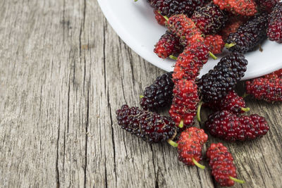 High angle view of strawberries on table