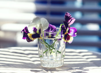 Close-up of flowers in glass on table