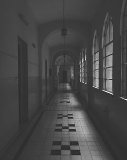 Black and white empty corridor