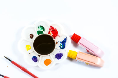 High angle view of multi colored candies on table