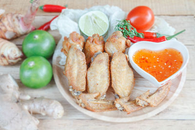 High angle view of breakfast served on table