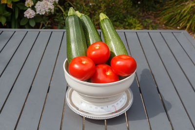 High angle view of tomatoes in bowl on table