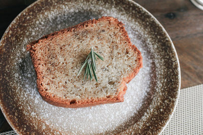 High angle view of bread in plate on table