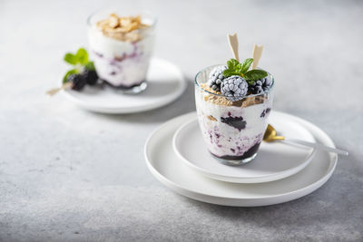 Close-up of dessert in plate on table