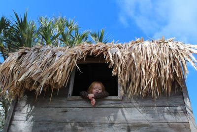 Low angle view of girl looking through wooden hut window