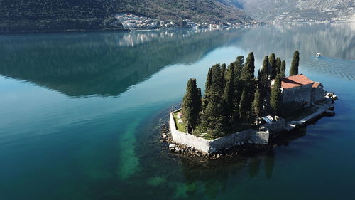 High angle view of lake by trees