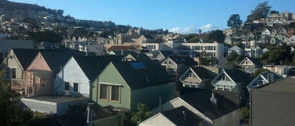 High angle view of residential district against sky