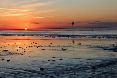 Scenic view of beach against sky during sunset