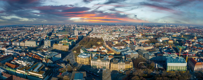 Munich aerial panoramic architecture, bavaria, germany at sunset