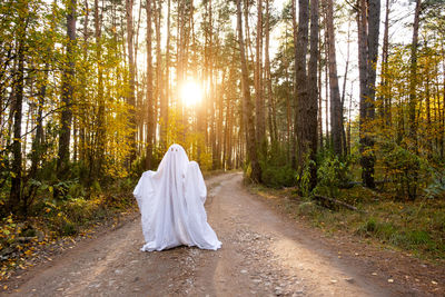 Rear view of woman walking in forest