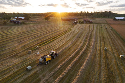 Aerial view of tractor working in field