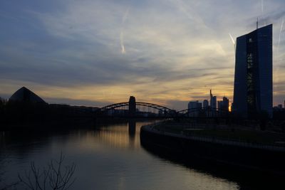 Bridge over river at sunset