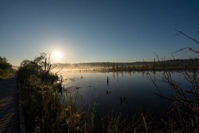 Scenic view of lake against clear blue sky