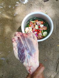 High angle view of man holding fish in bowl