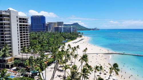 Scenic view of sea against blue sky