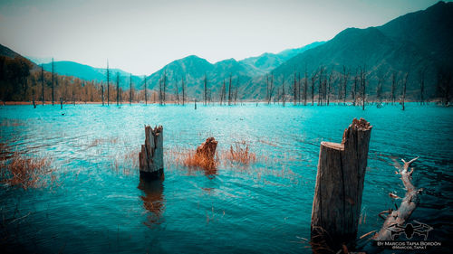 Wooden posts in lake against mountains