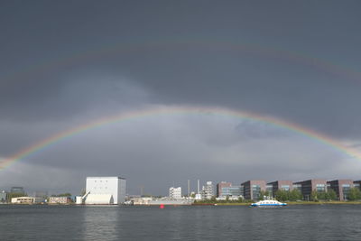 Scenic view of rainbow over buildings against sky