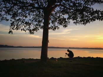 Silhouette man sitting on tree by lake against sky during sunset