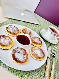 High angle view of breakfast served on table