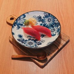 High angle view of fruits in bowl on table