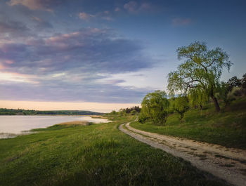 Rural landscape with a country road between lake and forest. idyllic summer scene, peaceful 