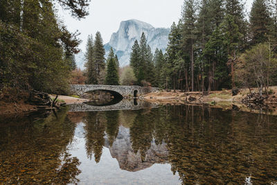 Tranquility on merced river with half dome in distance