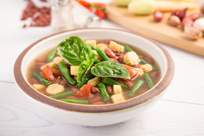 Close-up of soup in bowl on table