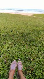 Low section of woman on grassland against sea
