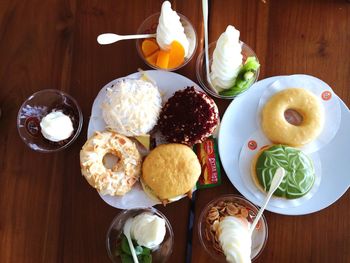 High angle view of dessert served on table