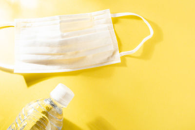 High angle view of bottle on table