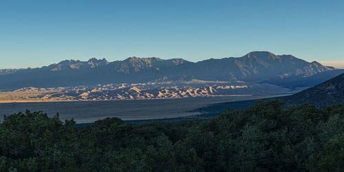 Full frame panoramic view of sun on sand dunes at base of a mountain range against clear blue sky