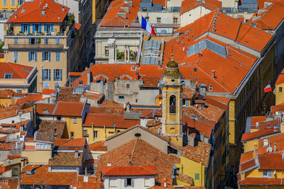 High angle view of buildings in city