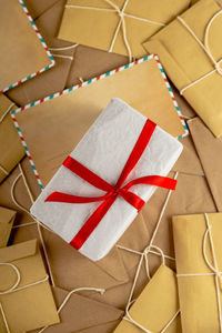 High angle view of christmas paper in box