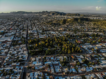 High angle shot of townscape against sky