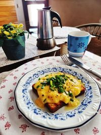 Close-up of breakfast served on table