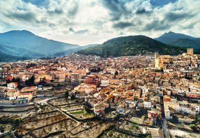 High angle view of town against sky