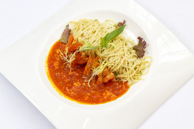 High angle view of rice in bowl on table