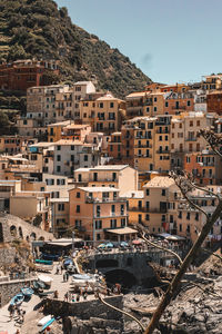 High angle view of townscape against sky during sunny day