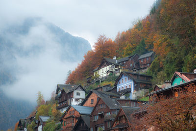 Houses amidst trees and buildings against sky