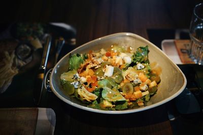 High angle view of meal served in bowl on table